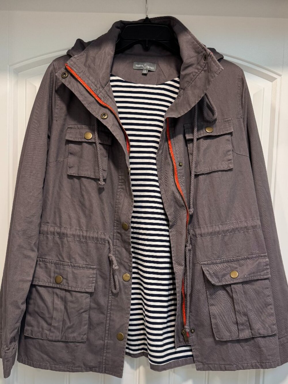 Women's Market & Spruce Utility Cargo Jacket Gray Removable Hood Medium